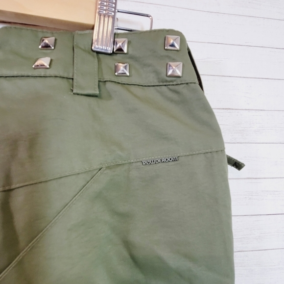 POWDER ROOM OLIVE GREEN STUDDED SNOWBOARD PANTS, SZ MEDIUM - Picture 7 of 16